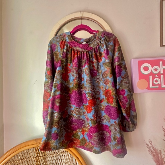 Vintage 70s Babydoll Floral Tent Tunic Top Micro Mini Dress with Bishop Sleeves - Picture 1 of 6